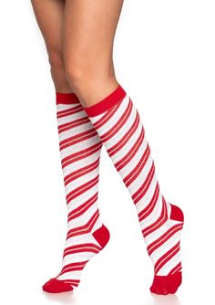 Candy Cane Craze!! Get festive with these adorable Candy Cane Striped Knee Socks in Red and White Stripes. They couldn't be any cuter and pair well with our Santa's Helper velvet collection. They hit just below the knee. Super soft and comfy! Available in O/S, one size fits all only Sugarpuss Size Chart + Care Instructions Shipping Info Striped Knee High Socks, Knee High Stockings, Holiday Socks, Candy Cane Stripes, White Candy, Leg Avenue, Over The Knee Socks, Thigh High Socks, Red Candy