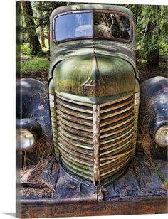 an old, rusty car is parked in the woods with trees and grass behind it