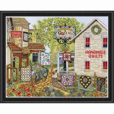 a cross stitch pattern with an image of a quilt shop