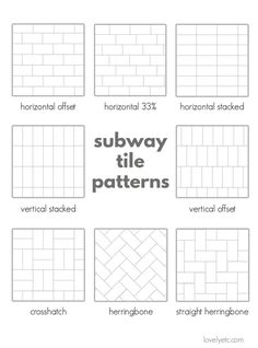 the subway tile patterns are shown in gray and white, with text that reads subway tile patterns