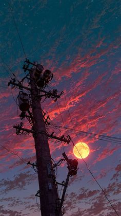 the sun is setting behind an electric pole with telephone wires on it and power lines in the foreground