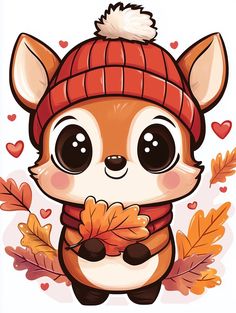 a cute little fox wearing a knitted hat and scarf holding an acorn leaf