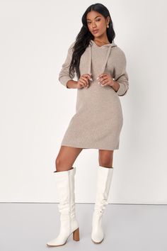 Heather Taupe Dress - Mini Sweater Dress - Hooded Sweater Dress - Lulus Ribbed Knit Sweater Dress For Loungewear, Cozy Ribbed Sweater Dress For Winter, Cozy Ribbed Winter Sweater Dress, Winter Ribbed Hoodie For Loungewear, Casual Beige Ribbed Sweater Dress, Fall Ribbed Sweater Dress For Loungewear, Casual Winter Sweater Dress With Ribbed Cuffs, Hooded Sweater Dress, Taupe Dress