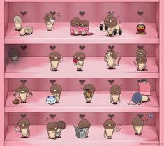 the shelves are filled with different types of cats and kittens, all in pink