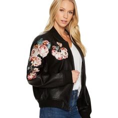 Nwt! Rare Find Super Cute!! Faux Leather Bomber By Joe's. With Floral Designs. She'll 100% Polyurethane Spring Chic Outerwear With Floral Embroidery, Chic Floral Embroidered Outerwear For Spring, Spring Black Outerwear With Floral Embroidery, Casual Fall Outerwear With Floral Applique, Fitted Outerwear With Embroidered Sleeves, Casual Floral Applique Outerwear For Fall, Chic Embroidered Black Outerwear, Chic Black Embroidered Outerwear, Fitted Fall Outerwear With Floral Applique