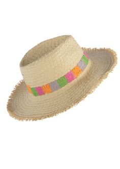 Introducing the Rivera Hat from Shiraleah. This beautiful woven hat is perfect to brighten up your spring and summer wardrobe. Crafted with a bright trim around the base, this hat will make a statement. Enjoy the sunshine in style with the Rivera Hat. Style: 06-68-040NA Pinched crown Multicolor Wide Brim Summer Fedora, Fun Brimmed Sun Hat For Spring, Fun Sun Hat With Short Brim For Spring, Fun Spring Sun Hat With Short Brim, Multicolor Flat Brim Fedora For Summer, Multicolor Summer Fedora With Short Brim, Summer Fedora With Multicolor Flat Brim, Multicolor Summer Fedora With Curved Brim, Summer Multicolor Fedora With Curved Brim