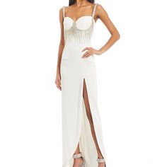 White And Silver Gown Brand New With Tags White Prom Season Dress, White Backless Maxi Dress For Evening, Elegant White Prom Gown, White Sleeveless Evening Gown, White Evening Dress For Prom Season, White Floor-length Prom Season Evening Dress, White Floor-length Prom Evening Dress, Glamorous White Maxi Dress For Gala, White Gala Dress With Fitted Bodice