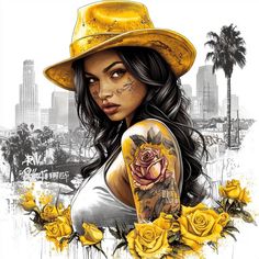 a drawing of a woman with tattoos on her arm and yellow roses around her neck