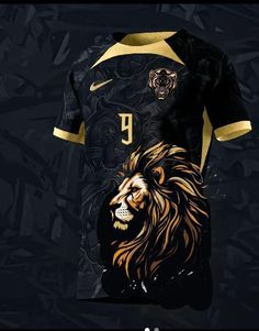 a black and gold soccer jersey with a lion on the front, against a dark background