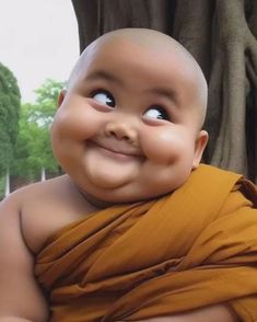 a smiling baby in a monk outfit sitting next to a tree with its eyes wide open