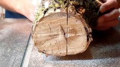 a man is holding a piece of wood with his hands on top of the log