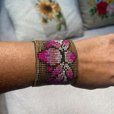 Beaded Cuff Stretch Bracelet, Handmade Boho Bracelet, Lotus Bracelet, Lotus Gift for Her, Unique Bracelet, Wide Cuff Bracelet - Etsy Handmade Cuff Bracelets As Gift, Unique Adjustable Pink Cuff Bracelet, Adjustable Cuff Beaded Bracelets As Gift, Adjustable Artisan Pink Beaded Bracelets, Handmade Adjustable Bangle With Round Beads, Adjustable Hand-strung Cuff Bracelet Gift, Adjustable Pink Bohemian Cuff Bracelet, Adjustable Wearable Art Bangle As Gift, Bohemian Adjustable Pink Cuff Bracelet