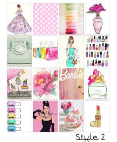 the collage has many different items and colors to choose from, including perfumes