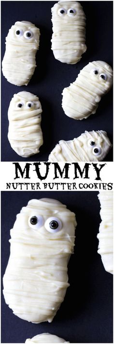 some white frosted cookies with eyes and googly eyes on them in the shape of ghosts