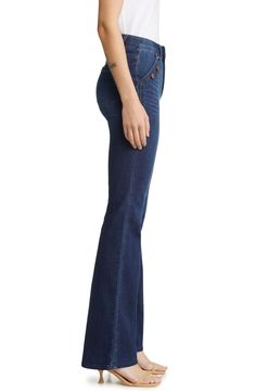 Button-trimmed pockets add to the chic feel of stretch-denim jeans featuring a flared leg and a fit system that's designed to comfortably shape and hold. 33 1/2" inseam; 20" leg opening; 10" front rise; 12" back rise (size 8) 91% cotton, 8% polyester, 1% spandex Machine wash, tumble dry Imported Fitted Medium Wash Flare Jeans With Button Closure, Classic High Waist Flare Jeans With Button Closure, Mid-rise Button Closure Flare Jeans For Fall, Fitted Mid-rise Flare Jeans With Button Closure, Mid-rise Flare Jeans With Button Closure For Fall, Dark Wash Flare Jeans With Buttons For Fall, Stretch High-rise Flare Jeans With Button Closure, Fitted Wide Leg Jeans With Button Closure, Classic Medium Wash Jeans With Snap Buttons