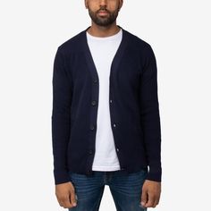 Quality basic cardigan suitable for daily wear Classic Navy Sweater With Button Closure, Classic Navy Cardigan With Button Closure, Classic Navy Cardigan With Buttons, Navy Cotton Cardigan For Fall, Classic Navy Cardigan For Fall, Navy Cardigan With Button Closure For Winter, Navy Cotton Cardigan For Work, Navy Button-up Cardigan For Fall, Sweater Care