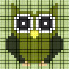 an owl with big eyes is shown in green and white pixellated pattern on a black background