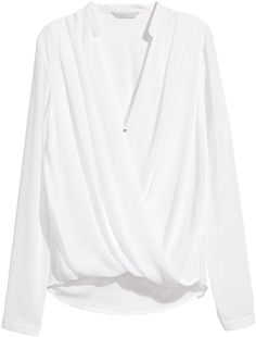 H&M - Draped Wrap-style Blouse - White - Ladies White Wrap Blouse, White Shirt Blouse, Draped Blouse, White Long Sleeve Blouse, Pleated Shirt, White Long Sleeve Top, Wrap Shirt, White Long Sleeve Shirt, Pleated Blouse