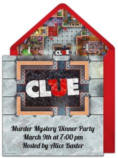 a flyer for a clue party with an image of a house and the word clue on it