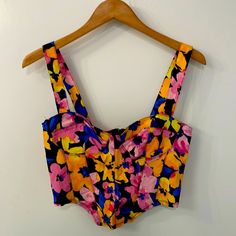 Made Of Cotton, Can Be Worn On Shirt Or On Own. Vibrant Colors. Full Zipper On Back Chic Multicolor Floral Print Crop Top, Yellow Summer Crop Top For Party, Yellow Crop Top For Summer Party, Yellow Summer Party Crop Top, H&m Multicolor Tops For Spring, Fitted Multicolor Floral Print Crop Top, Vibrant Yellow Floral Print Tops, Yellow Summer Top With Vibrant Print, Yellow Summer Tops With Vibrant Print