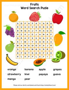 the word search puzzle with fruits and vegetables on it, which includes words such as orange, banana, kiwi, papaya