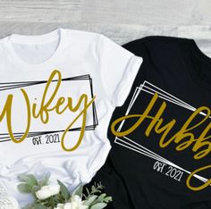 Wifey / Hubby Are The Perfect Couple Shirts To Have In Your Wardrobe. Perfect! For Vacations & Newly Weds. Women Style Fitted S-Xl (If You Want Loose Fit Order Unisex) Men Style Unisex S-2xl Dm Sizes & Perference Once Purchased Married Couple Shirts Mrs. Bridal Shop, Matching Couple Shirts Husband Wife, Married Couple Shirts Zazzle, Wife And Husband Tshirts, Black Couple T Shirts, Wedding Date Shirts, Couple Tshirts Unique Wedding, Wedding Tshirts Ideas, Anniversary Shirts Matching Couples