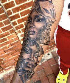 a woman's arm with tattoos on it and three different women in the background