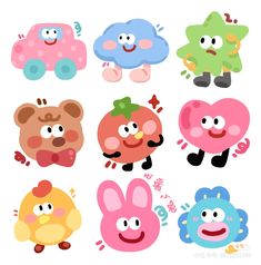 an assortment of cartoon animals with different expressions