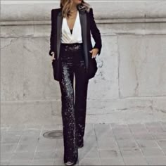 Questions? Leave A Comment Below! Black Sequin Pants Outfit, Sequins Pants Outfit, Chicago Fall, Black Sequin Pants, Sequin Flare Pants, Glitter Pants, Sequin Pant, Leather Leggings Outfit, Sheer Pants