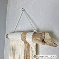 a piece of driftwood is hanging on the wall with rope and twine around it