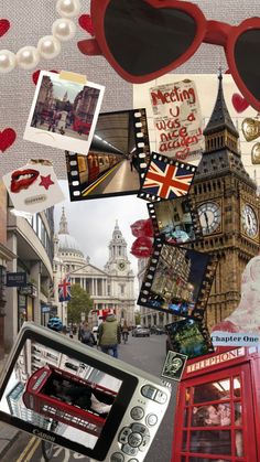 a collage of photos with the british flag and red heart shaped glasses on them