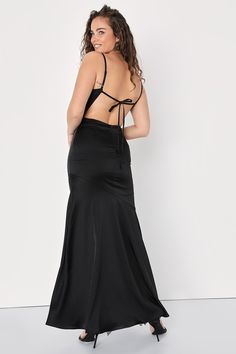 Let the flashbulbs pop and the attendees gaspâ€”you know you look amazing in the Lulus Gala Glamour Black Satin Backless Mermaid Maxi Dress! Sleek woven satin shapes this stunning dress that has adjustable spaghetti straps and a bodice with an elegant cowl neckline. Turn around to reveal an open back with a single slender tie, for sultry look that's sure to keep everyone's attention! Skirt has a mermaid-style silhouette and falls to a maxi hem. Hidden zipper/clasp at back. Fabric: Fabric has no Maxi Dress Satin, Mermaid Maxi Dress, Dress With Open Back, Lulu Fashion, Mermaid Style, Cowl Neckline, Dress Satin, Mermaid Fashion, Stunning Dresses