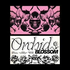 an advertisement for orchid blossom with pink and black flowers on the front, and another advertise that reads orchid blossom