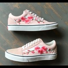 Cherry Blossom Custom Vans Pink. All sizes Cherry Shoes, Vans Slip On Black, Flower Sneakers, Goth Outfit Ideas, Checkered Shoes, Old Skool Vans, Vans Hi, Vans Pink, Goth Outfit