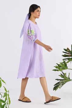 Blue dress in 100% linen base with floral applique work on the sleeves. - Aza Fashions Spring Cotton Dresses With Set-in Sleeves, Spring Cotton Dress With Set-in Sleeves, Floral Applique, Purple Dress, Scarf Hairstyles, Dress Pattern, Aza Fashion, Dresses Online, Blue Dresses