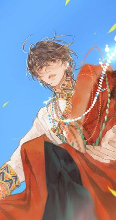 an anime character with long hair and beads on his head, standing in front of a blue sky