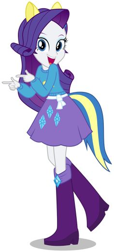 a cartoon pony with long hair and purple dress, holding her hand out to the side