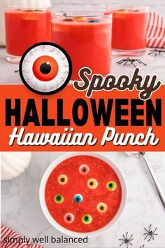 spooky halloween hawaiian punch recipe with orange juice and eyeballs in the bowl