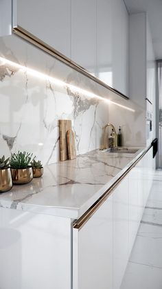 a kitchen with marble counter tops and gold accents