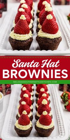 santa hat brownies with strawberries on top