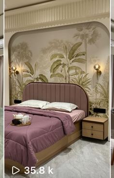 two pictures of a bedroom with palm trees on the wall