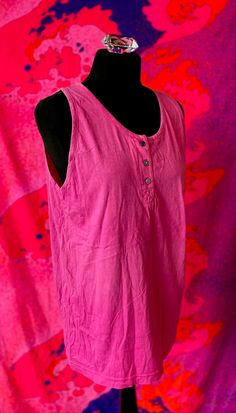 "Vintage 1980s Henley style longline tank top vest bright pink 100% cotton. Great condition! Size M/L  Measurements: Bust: 42\"  Length: 27\"" Pink Cotton Tank Vest, Pink Sleeveless Cotton Vest, Pink Cotton Sleeveless Tank Top, Rainbow Gemstones, Velvet Jacket, Long Style, Pretty Earrings, Long A Line, Bright Pink