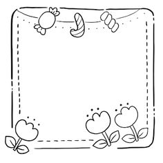 a black and white drawing of an empty card with hearts, flowers and candy canes