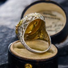 This antique ring features of both the Art Deco and Retro 1940s period. The central oval cut citrine is accented by an engraved border and two sections of seed pearls carefully set onto a wire. The shoulders of the ring are accented with openwork and two-tone floral designs. The ring is crafted in 14k white gold with yellow and rose gold accents, and is currently a size 6. Please note that one seed pearl seems to be missing, but it does not detract from the beauty or symmetric look of the ring. Rose Gold Accents, Antique Ring, Citrine Ring, Seed Pearl, Antique Rings, Floral Designs, Tri Color, Gold Accents, Oval Cut