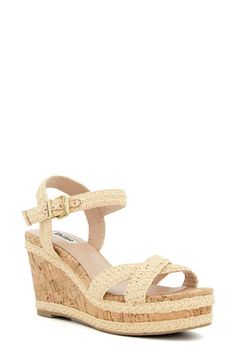 Woven straps and a cork wedge give beach-ready style to this sandal. 3 1/2" heel Adjustable ankle strap with buckle closure; hidden elastic inset Synthetic upper, lining and sole Imported Dune Shoes, High Wedges, Cork Wedges Sandals, Ankle Strap Wedges, Classic Heels, Stylish Sandals, Buckled Heels, Wedge Heel Sandals, Dune London