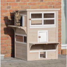 a cat sitting on top of a wooden house