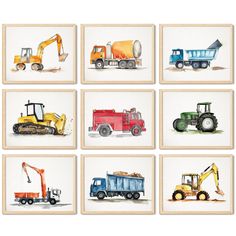 six pictures of trucks and construction vehicles on white paper with wood frame in the shape of rectangles