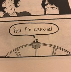 two people sitting at a table in front of a sign that says, but i'm asexual