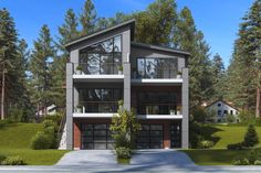 an artist's rendering of a two - story house in the middle of a wooded area