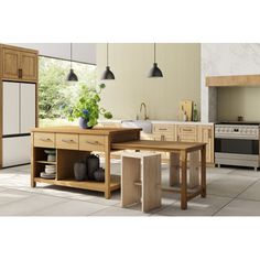 an image of a kitchen setting with wooden furniture